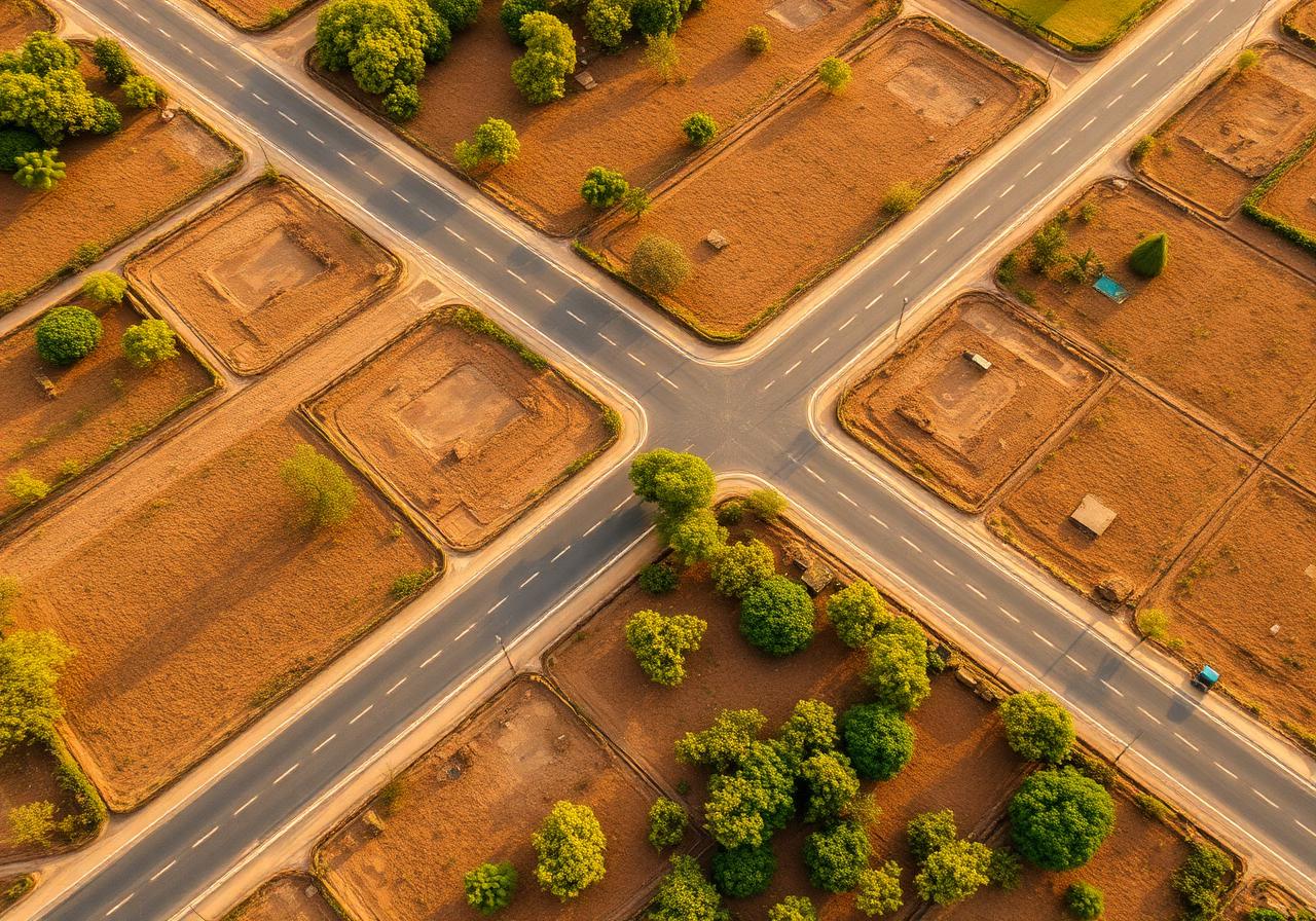 Aerial view of plotted land and roads